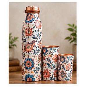 Botella de Agua de Cobre con Mandala Bohemio Ornamentado y Tazas a Juego, Set de Bebidas Portátil para Viaje - Product Image 2