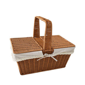 Rattan Picnic <b>Basket</b> Double Lids Butterfly Opening <b>Rectangular</b> Handwoven Wicker <b>Storage</b> Hamper Removable Daisy Floral Fabric - Product Image 1