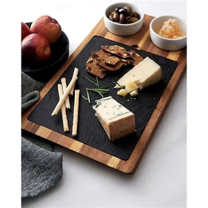 Planche à charcuterie en bois avec insert en ardoise et bols de service pour plateau de fromages et de viandes, ardoise noire et bois naturel - Product Image 1