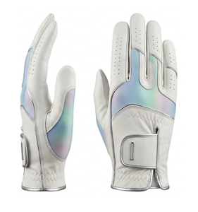 Leather Breathable Golf Glove White Iridescent Panel Genuine Leather <b>Hook</b> And Loop Closure Unisex Right Hand Non Slip Sports - Product Image 3