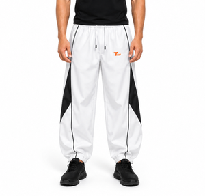 <b>Mens</b> <b>White</b> Lightweight Quick Dry Sporty Nylon Track Pants Color Block Side Stripe Elastic Drawstring Windbreaker <b>Trouser</b> - Product Image 1