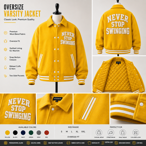 Chaqueta Varsity Bordada de Alta Calidad con Diseño 'Never Stop Swinging', para Hombre, Informal, de Forro Polar Amarillo, con Cuello Camisero y Cierre de Cremallera Frontal - Product Image 5