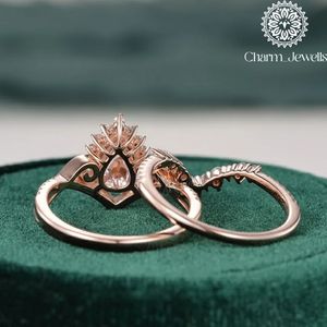Charm_Jewells Women's Rose Gold Plated Pear Cut Moissanite Engagement <b>Ring</b> Pave Setting Romantic <b>Crown</b> Style - Product Image 6