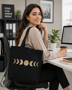 Bolsa de Lona Negra con Estampado de Fases Lunares, Estilo Bohemio, Cierre Personalizado para Compras y Viajes, Todas las Temporadas - Product Image 4