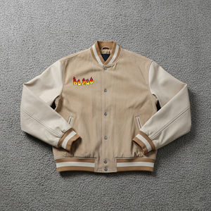 Veste de sport beige pour homme de haute qualité, en PU, coupe classique, col rabattu, fermeture éclair, style décontracté d'automne, couleur unie - Product Image 4