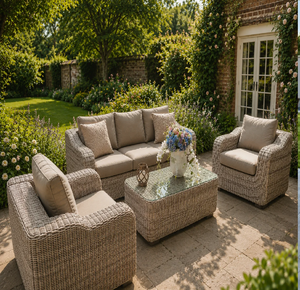 Handcrafted <b>bamboo</b> rattan three-seater couch featuring soft beige fabric cushions, available at wholesale prices. - Product Image 6