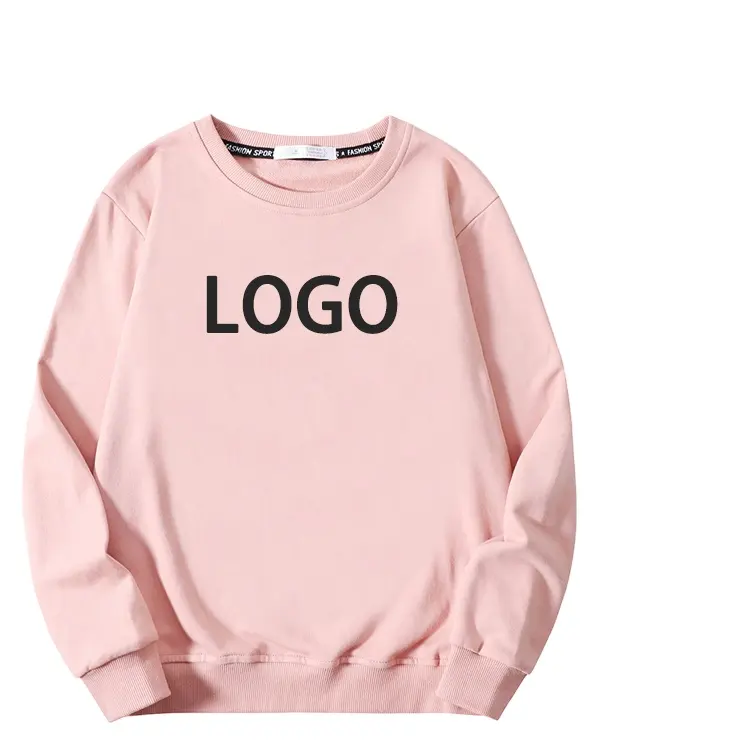 Thêu In Màu Hồng Polyester Bông Tùy Chỉnh Đồng Bằng Crewneck Áo Phụ Nữ Crew Cổ Áo Áo