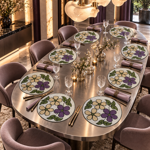 Set de table artisanal violet avec perles de verre florales, motif feuilles botaniques, base ivoire, résistant à la chaleur, élégant - Product Image 2