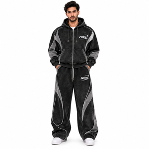 Rits Men's Washed <b>Polyester</b> <b>Tracksuit</b> Hooded Full Zip Color Blocking Loose Fit Casual Autumn Sportswear with Side Pockets - Product Image 3