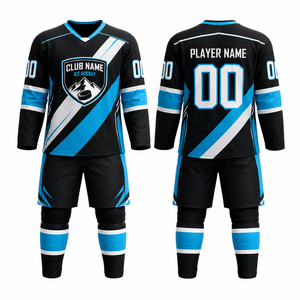 Ensemble de maillots de hockey personnalisés MEGAMAPLE Noir Bleu Blanc Impression par transfert thermique 100% Opera Nom du club Numéro du joueur 00 Toutes saisons - Product Image 1