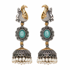 Pendientes de Araña Bohemios Hechos a Mano para Mujer, con Diseño de Flor Bicolor, de Latón Oxidado, Chapados en Plata, con Perlas Colgantes y Estilo Jhumka de Pavo Real - Product Image 1