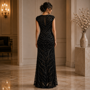 Women Black Beaded Sheer Mesh Maxi Dress Sleeveless Round Neck <b>Sequin</b> Evening Gown Elegant Formal Party Wedding Prom Occasion - Product Image 4