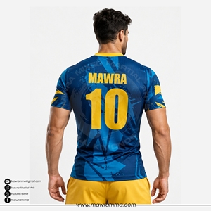 Maillot de football sublimé pour homme MAWRA, bleu et jaune, imprimé géométrique, ajusté, manches courtes, col rond, anti-humidité - Product Image 2