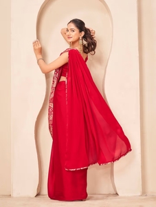 KV Women's <b>Red</b> Satin Plain Bollywood Style <b>Saree</b> With Unstitched Blouse - Product Image 4