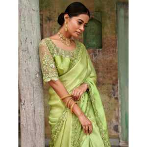 Impressionnant vert brodé Satin Festival Wear Saree avec chemisier pour les décorations de fête - Product Image 6