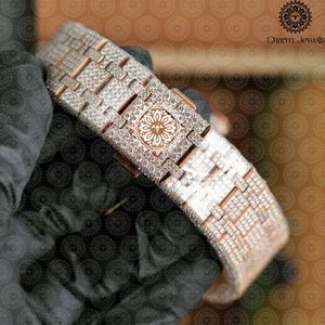 Charm_Jewels Reloj de lujo para hombre con incrustaciones de diamantes, poligonal, de acero inoxidable, analógico, de cuarzo, con cierre plegable, 42 mm - Product Image 2