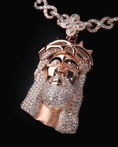 Pendentif Visage de Jésus en Or Rose avec Diamant Moissanite, Couronne et Barbe Serties de Pierres, Charme Religieux pour Hommes, Bijoux Chrétiens - Product Image 1