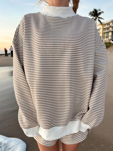 Custom Logo Printed Letter Winter Women's Striped Mock Neck Knitted Oversized Long Sleeve Pullover Sweatshirt - Product Image 3