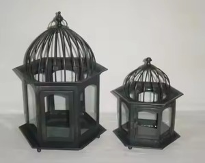 Lanterne vintage en métal noir, cage à oiseaux, support hexagonal en fil de fer, ensemble de bougeoirs en verre transparent, décoration de table pour la maison, l'hôtel, le jardin, les mariages - Product Image 1