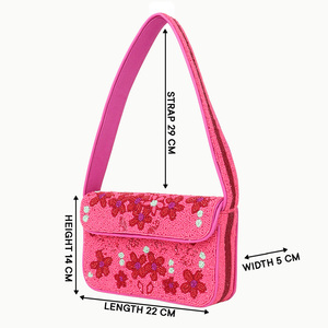 Sac à bandoulière perlé rose vif à motif floral pour femme, style bohème, fait main, avec rabat - Product Image 2