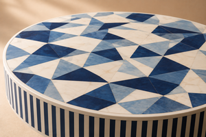 Modern <b>Round</b> Coffee <b>Table</b> Blue <b>White</b> Patterned Tea <b>Table</b> Living Room Home Office Wood Accent Furniture - Product Image 3