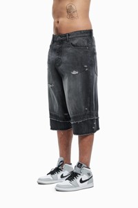 Pantalones cortos vaqueros anchos para hombre, estilo vintage, negros desgastados, con efecto degradado, rasgados, estilo urbano, holgados - Product Image 4