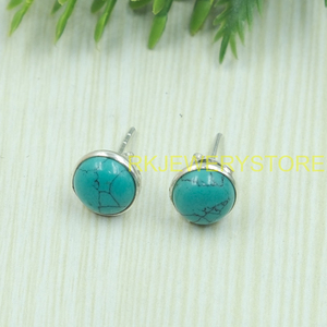 Natural Turquoise 925 Sterling <b>Silver</b> <b>Stud</b> <b>Earrings</b> Handmade Oval Cabochon Gemstone Minimalist Jewelry Gift for Women Girlfriend - Product Image 3