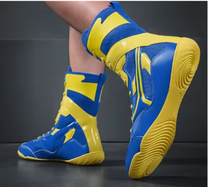 Bottes d'entraînement de boxe en PU bleues et jaunes, design durable à tige haute pour toutes les saisons, chaussures de boxe respirantes, légères, pour le sport - Product Image 1