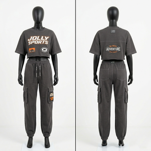 Women Brown 320 GSM Cotton Polyester Fleece Crop <b>Top</b> Jogger Set <b>Rhinestone</b> Heat Transfer Custom Logo Women's Set - Product Image 6