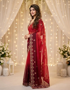 <b>Red</b> Silk Saree Embroidered <b>Blouse</b> Traditional Indian Wedding Wear for <b>Women</b> Floor-Length Regular Fit Sun Protection All Seasons - Product Image 4