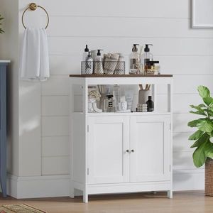 Modern Free <b>Standing</b> Bathroom Cabinet Natural Wood Top with Adjustable <b>Shelf</b> Double Doors Multi-Purpose Storage - Product Image 3