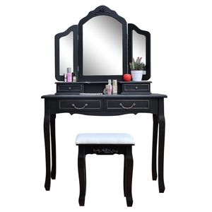"Modern MDF <b>Makeup</b> Vanity Dresser with Tri-Fold <b>Mirror</b> & Stool-Black" - Product Image 2