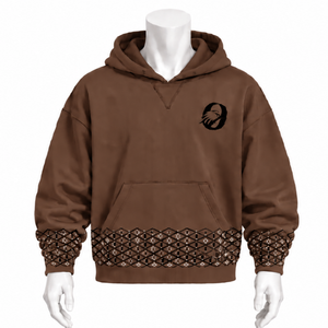 Sweat à capuche marron chocolat avec bordure brodée, pull molletonné oversize, ourlet et poignets décoratifs, poche kangourou, haut décontracté style streetwear - Product Image 1