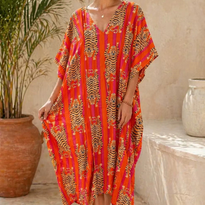 Women Designer Indian Cotton <b>Kaftan</b> <b>Long</b> Tiger Print Loose Fit Dress Tiger Print <b>Long</b> Lounge Wear - Product Image 1