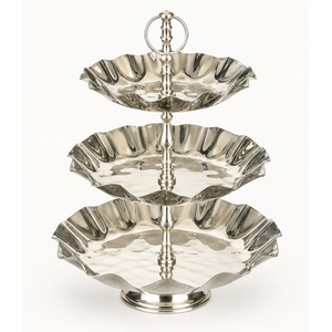 Silver Three Tiered Cake Stand, Chrome Plating Finish Features Ruffled Fluted Edge Platters Mounted On Central Ring Pillar <b>Post</b> - Product Image 2
