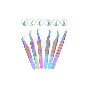 Juego de 6 Pinzas para Extensión de Pestañas con Puntas de Fibra de Precisión, Acero Japonés, Curvatura Delfín para Volumen y Curvatura Ligera Arcoíris - Product Image 1