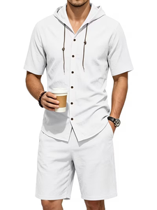Men Breathable Knitted Solid Hooded Shirt Set Short Sleeve Button-Up Top Elastic Waist Shorts Casual Summer Outfit - Product Image 2