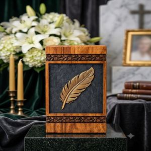 Wooden Cremation Urn Brown Adult <b>Memorial</b> <b>Keepsake</b> <b>Box</b> Carved Feather Design Customizable 200 Cubic Inch Capacity - Product Image 4