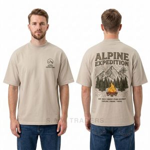 เสื้อยืดสีเบจทรงหลวมพิมพ์ลายภูเขาแอลป์ด้านหลัง เหมาะสำหรับกิจกรรมกลางแจ้ง สไตล์ลำลอง แนวผจญภัย สตรีทแวร์ - Product Image 3