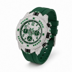 Luxury Men's Stainless Steel <b>Watch</b> With Green Gemstones Analog Quartz Chronograph Silicone Band Round <b>Case</b> - Product Image 6