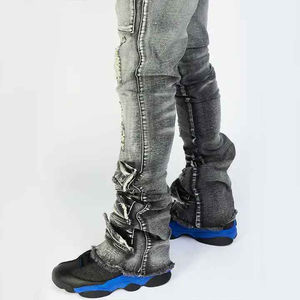 Vaqueros de mezclilla para hombre de cintura alta, corte recto, con efecto desgastado, 100% algodón, transpirables, de peso pesado, teñidos en prenda, ajuste cómodo - Product Image 5