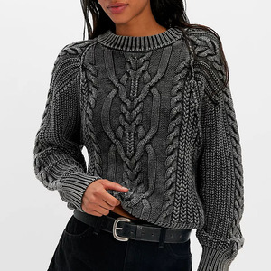 Suéter de punto trenzado gris personalizado para mujer, cuello redondo, manga farol, lana gruesa, tejido a mano, color sólido, informal, holgado, para invierno - Product Image 4