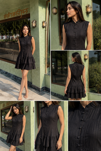 Robe Courte Bohème Plissée Sans Manches en Lin/Coton pour Femme, Col Mandarin, Taille Naturelle, Faite à la Main, Respirante - Collection Été - Product Image 5