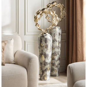DAANI INTERNATIONAL Vase sur pied haut de gamme en métal sculpté, effet marbre poli, avec motif éventail doré, style artistique - Product Image 6