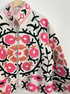 Handmade Suzani <b>White</b> Cotton <b>Jacket</b> Pink Floral Embroidered Bohemian Stand Collar Women <b>Short</b> Coat - Product Image 4