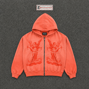 Sweat à capuche graphique unisexe Rouge Corail Ailes d'Ange, style vintage oversize streetwear, effet délavé, artistique, grammage lourd, mode - Product Image 5
