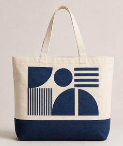 Geometric Print Blue Jute Canvas Tote <b>Bag</b> Eco Friendly Large Capacity Women Shoulder Handbag Reusable <b>Navy</b> Block Shopping - Product Image 1