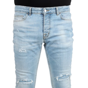 Fabriqué en Italie, jeans pour hommes en marque privée, coupe slim, délavage clair, effet déchiré avec surpiqûres, pour la vente en gros, 98% coton, 2% élasthanne - Product Image 6