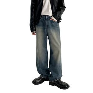 Pantalon large en jean délavé taille haute pour homme, décontracté, en coton, avec braguette boutonnée, style automne - Product Image 1