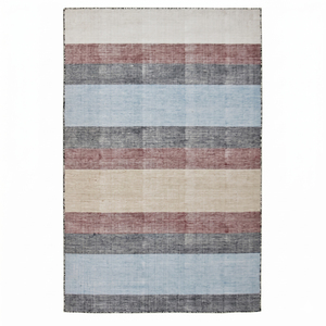 Tapis en laine rayé rose poussière, bleu gris, ivoire, écologique, antidérapant, à blocs de couleur doux, pour salon, chambre, hôtel - Product Image 1